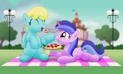 Size: 5000x2996 | Tagged: safe, artist:jhayarr23, sassaflash, sea swirl, seafoam, pegasus, pony, unicorn, background pony, commission, cute, female, food, mare, picnic blanket, pie, ponyville town hall, shipping fuel