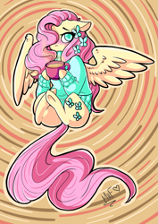 Size: 707x1000 | Tagged: safe, artist:salty-irish-potato, butterfly, earth pony, pegasus, pony, blushing, clothes, coffee, cup, female, mare, mug, solo, sweater, underhoof