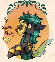 Size: 1776x1987 | Tagged: safe, artist:lonerdemiurge_nail, oc, oc:04, changeling, changeling oc, food, onomatopoeia, pineapple, solo