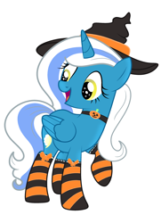 Size: 3583x4961 | Tagged: safe, artist:riofluttershy, oc, oc:fleurbelle, alicorn, pony, alicorn oc, bow, choker, clothes, female, golden eyes, halloween, hat, holiday, jewelry, mare, necklace, pumpkin, ribbon, socks, striped socks, witch hat