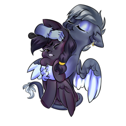 Size: 800x800 | Tagged: safe, artist:midnight_bats, oc, oc only, oc:artemis, oc:mir, hippogriff, hybrid, pegasus, pony, beret, ear piercing, earring, female, hair wrap, hat, hug, jewelry, piercing, scrunchy face, simple background, squirming, transparent background, two toned wings, wings