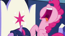 Size: 2000x1121 | Tagged: safe, derpibooru import, screencap, pinkie pie, twilight sparkle, twilight sparkle (alicorn), alicorn, earth pony, pony, the beginning of the end, female, friendship throne, mare, open mouth, out of context, screaming, solo focus, uvula