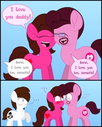 Size: 1300x1625 | Tagged: safe, artist:aarondrawsarts, oc, oc:brain teaser, oc:rose bloom, pony, awkward, blushing, brainbloom, daddy kink, father and child, father and daughter, father's day, female, male, parent and child