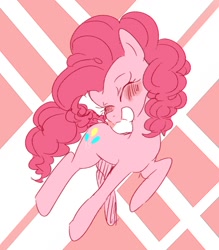 Size: 1208x1380 | Tagged: safe, artist:nota_mano, derpibooru import, pinkie pie, earth pony, pony, abstract background, blushing, cute, diapinkes, eyes closed, female, mare, open mouth, smiling, solo