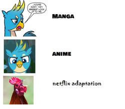Size: 718x624 | Tagged: safe, artist:horsesplease, idw, gallus, bird, rooster, uprooted, spoiler:comicfeatsoffriendship01, crowing, gallus the rooster, meme, netflix, netflix adaptation