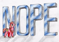 Size: 3302x2365 | Tagged: safe, artist:40kponyguy, derpibooru exclusive, big macintosh, earth pony, pony, colored pencil drawing, looking up, male, nope, reaction image, simple background, solo, stallion, traditional art, white background, yoke