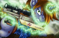 Size: 1400x900 | Tagged: safe, artist:jeffk38uk, oc, oc only, oc:littlepip, pony, unicorn, fallout equestria, ashes of equestria, blood, blood stains, clothes, cloud, cloudy, combat, cut, fallout, fanfic, fanfic art, female, fight, glowing horn, gritted teeth, gun, handgun, hooves, horn, levitation, little macintosh, magic, mare, optical sight, overmare studios, pipbuck, revolver, scope, solo, telekinesis, vault suit, wasteland, weapon