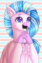 Size: 2000x3000 | Tagged: safe, artist:tayzipumpqueen, silverstream, classical hippogriff, hippogriff, bust, chest fluff, colored pupils, cute, diastreamies, ear fluff, female, open mouth, solo, striped background