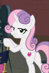 Size: 602x892 | Tagged: safe, edit, edited screencap, screencap, sweetie belle, pony, unicorn, growing up is hard to do, bedroom eyes, being big is all it takes, butt, cropped, female, film projector, lidded eyes, looking at you, looking back, looking back at you, mare, older, older sweetie belle, plot, sexy, smiling, solo, stupid sexy sweetie belle