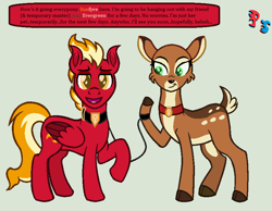 Size: 828x642 | Tagged: safe, artist:peregrinstaraptor, oc, oc only, oc:asia evergreen, oc:sunfyre, deer, pegasus, pony, collar, leash, male, pet play, simple background, stallion