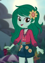 Size: 372x523 | Tagged: safe, screencap, wallflower blush, equestria girls, equestria girls series, let it rain, spoiler:eqg series (season 2), clothes, cropped, cute, female, flower, flower in hair, flowerbetes, freckles, hnnng, looking at you, music festival outfit, shorts, smiling, solo