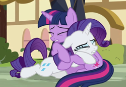 Size: 1290x890 | Tagged: safe, derpibooru import, screencap, rarity, twilight sparkle, twilight sparkle (alicorn), alicorn, pony, unicorn, the beginning of the end, comforting, duo, eyes closed, hug, ponyville, sad