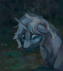 Size: 1590x1793 | Tagged: safe, artist:malinetourmaline, oc, oc only, oc:crystal tundra, pony, unicorn, blue coat, crying, dark, horn, painting, sad, solo, teary eyes, tree, water, white mane