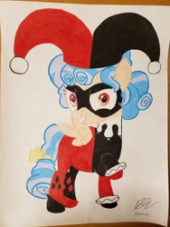 Size: 3024x4032 | Tagged: safe, artist:penguinsfan7171, cozy glow, pegasus, pony, harley quinn, solo, traditional art