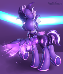 Size: 3000x3500 | Tagged: safe, artist:shad0w-galaxy, oc, oc only, oc:shadow galaxy, pegasus, pony, robot, robot pony, cyberpunk, female, high res, latex, latex suit, mare, neon, solo