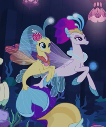 Size: 378x452 | Tagged: safe, screencap, princess skystar, queen novo, seapony (g4), the ending of the end, cropped, crown, female, fin wings, fins, fish tail, flower, flower in hair, jewelry, like mother like daughter, mother and child, mother and daughter, parent and child, regalia, seaquestria, show accurate, tail, underwater, wings