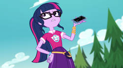 Size: 720x397 | Tagged: safe, screencap, sci-twi, twilight sparkle, better together, choose your own ending, equestria girls, the road less scheduled, cellphone, clothes, female, glasses, phone, ponytail, skirt, sky, smartphone