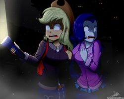 Size: 2160x1720 | Tagged: safe, artist:the-butch-x, applejack, rarity, equestria girls, applejack's hat, birthday gift art, clothes, cowboy hat, duo, female, flashlight (object), freckles, gift art, hat, lesbian, night, open mouth, rarijack, scared, shipping, signature, sweat