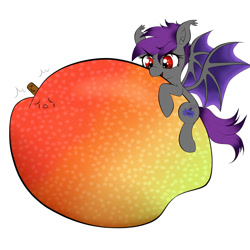 Size: 1500x1500 | Tagged: safe, artist:move, oc, oc:fledermaus, bat pony, pony, bat pony oc, biting, commission, cute, cutie mark, female, food, mango, shocked mango, solo