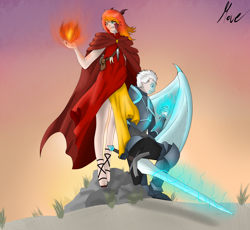 Size: 2500x2300 | Tagged: safe, artist:move, oc, oc:exuro firesong, oc:noc visum, human, armor, clothes, fangs, female, fire, fireball, guard, horns, humanized, knight, magic, male, robe, scales, sword, transformed, vest, weapon, white hair, wings