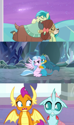 Size: 1920x3240 | Tagged: safe, screencap, gallus, ocellus, sandbar, silverstream, smolder, yona, changedling, changeling, classical hippogriff, dragon, earth pony, griffon, hippogriff, pony, yak, a matter of principals, she's all yak, what lies beneath, bow, catacomb, cloven hooves, cute, diaocelles, diastreamies, female, gallabetes, gallstream, hair bow, hug, implied lesbian, implied shipping, implied smolcellus, looking at each other, male, monkey swings, not sure if want, sandabetes, shipping fuel, shooting star, smolderbetes, straight, student six, teenager, yonadorable