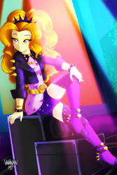 Size: 3333x5000 | Tagged: safe, artist:danmakuman, adagio dazzle, better together, equestria girls, find the magic, adoragio, boots, bracelet, clothes, cute, eyeshadow, female, jacket, jewelry, leather jacket, lidded eyes, makeup, sexy, shoes, sitting, smiling, solo, spiked headband, spiked wristband, stupid sexy adagio dazzle, thigh boots, wristband