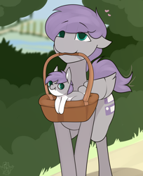 Size: 2448x3000 | Tagged: safe, artist:biepbot, oc, oc only, oc:luca, oc:luca bunny, pegasus, pony, rabbit, animal, basket, bush, cute, heart, male, outdoors, path, pony in a basket, stallion