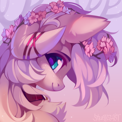 Size: 800x800 | Tagged: safe, artist:lispp, artist:share dast, oc, oc only, oc:champagne supernova, pony, chest fluff, cute, female, flower, flower in hair, fluffy, freckles, looking at you, mare, ocbetes, profile, ribbon, smiling, solo