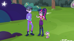 Size: 720x396 | Tagged: safe, screencap, microchips, sci-twi, spike, spike the regular dog, twilight sparkle, dog, better together, equestria girls, the road less scheduled, the road less scheduled: microchips, boots, clothes, female, fingerless gloves, geode of telekinesis, glasses, gloves, magical geodes, male, mc dex fx, shoes, spike's dog collar