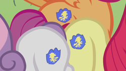 Size: 1280x720 | Tagged: safe, edit, edited screencap, screencap, apple bloom, scootaloo, sweetie belle, earth pony, pegasus, pony, unicorn, crusaders of the lost mark, cutie mark, cutie mark crusaders, cutie mark crusaders patch, female, filly, the cmc's cutie marks, what could have been