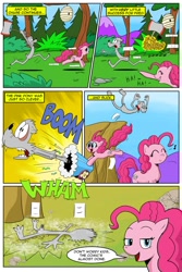 Size: 730x1095 | Tagged: safe, artist:cartoon-eric, derpibooru import, pinkie pie, oc, oc:fred wolfbane, bee, earth pony, pony, comic:pink. it's what's for dinner, axe, beehive, chase, cliff, comic, faceplant, fail, fourth wall break, laughing, launch, party cannon, weapon