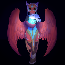 Size: 2500x2500 | Tagged: safe, artist:peachmayflower, oc, oc only, cyborg, pegasus, semi-anthro, black background, clothes, female, mare, overwatch, simple background, solo, symmetra