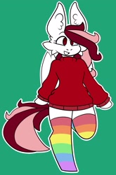 Size: 1641x2484 | Tagged: safe, artist:zantanerz, oc, oc:toricelli, anthro, pegasus, cheek fluff, clothes, ear fluff, long ears, rainbow socks, simple background, socks, striped socks, sweater