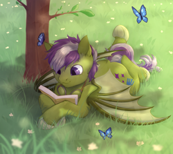 Size: 1460x1300 | Tagged: safe, artist:peachmayflower, oc, oc only, oc:grey seeking dusk, bat pony, butterfly, pony, bat pony oc, book, goggles, male, solo, stallion, tree