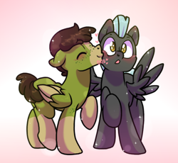 Size: 1000x920 | Tagged: safe, artist:paperbagpony, thunderlane, oc, pegasus, pony, blushing, canon x oc, floppy ears, freckles, gay, heart, kiss on the cheek, kissing, male, socks (coat marking), sparkles