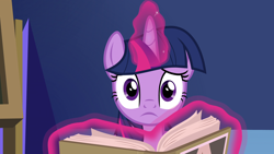 Size: 1920x1080 | Tagged: safe, screencap, twilight sparkle, twilight sparkle (alicorn), alicorn, pony, growing up is hard to do, book, cute, female, frown, glowing horn, horn, magic, mare, open book, raised eyebrow, she knows, solo