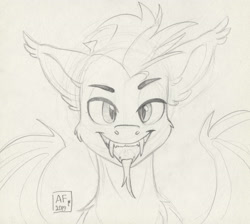 Size: 3000x2685 | Tagged: safe, artist:airfly-pony, oc, oc:ash, bat pony, pony, bat pony oc, bust, cheek fluff, chest fluff, ear fluff, high res, lineart, looking at you, male, portrait, rcf community, solo, spread wings, tongue out, traditional art, wings