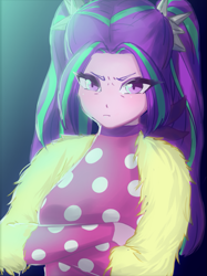 Size: 751x1002 | Tagged: safe, artist:amazingpuffhair, aria blaze, better together, equestria girls, find the magic, clothes, crossed arms, female, looking at you, mood, pigtails, polka dots, resting bitch face, solo, twintails, unamused