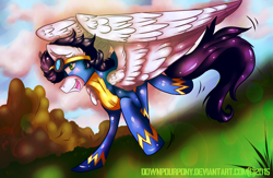 Size: 2600x1700 | Tagged: safe, artist:downpourpony, soarin', pegasus, pony, clothes, colored pupils, ear fluff, goggles, male, open mouth, profile, solo, spread wings, stallion, uniform, wing fluff, wings, wonderbolts, wonderbolts uniform