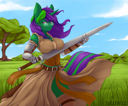 Size: 6000x5000 | Tagged: safe, artist:redwix, oc, oc only, oc:buggy code, anthro, unicorn, absurd resolution, anthro oc, belt, breasts, clothes, corset, female, gauntlet, glasses, grass field, knight, scenery, solo, sword, tree, weapon