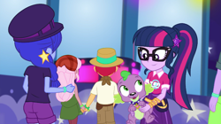 Size: 720x403 | Tagged: safe, screencap, duke suave, raspberry lilac, sci-twi, space camp (character), spike, spike the regular dog, twilight sparkle, dog, better together, choose your own ending, equestria girls, the road less scheduled, the road less scheduled: microchips, background human, clothes, female, geode of telekinesis, glasses, hat, holding hands, magical geodes, male, offscreen character, paws, ponytail, shorts, skirt, spike's dog collar