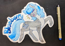 Size: 2048x1445 | Tagged: safe, artist:dojerodesigns, oc, oc only, oc:blueberry, earth pony, pony, badge, commissar, commission, con badge, food, solo, traditional art