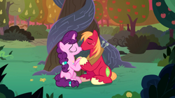 Size: 1920x1080 | Tagged: safe, screencap, big macintosh, sugar belle, earth pony, pony, unicorn, the big mac question, apple tree, female, intertwined trees, kissing, male, mare, pear tree, shipping, stallion, straight, sugarmac, tree