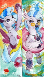 Size: 1024x1766 | Tagged: safe, artist:lailyren, artist:moonlight-ki, silverstream, classical hippogriff, hippogriff, seapony (g4), bookmark, female, glasses, inner tube, looking at you, solo, tongue out, underhoof, water