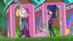 Size: 1366x768 | Tagged: safe, screencap, fluttershy, spike, spike the regular dog, twilight sparkle, dog, better together, choose your own ending, equestria girls, the road less scheduled, the road less scheduled: fluttershy, clothes, flutterpunk, geode of telekinesis, goth, magical geodes, midriff, skull, sleeveless, tanktop