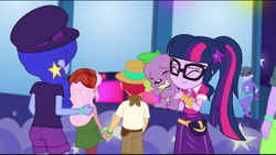 Size: 720x407 | Tagged: safe, screencap, duke suave, microchips, raspberry lilac, sci-twi, space camp (character), spike, spike the regular dog, twilight sparkle, dog, better together, equestria girls, the road less scheduled, the road less scheduled: microchips, background human, clothes, cute, female, geode of telekinesis, glasses, holding hands, magical geodes, male, mc dex fx, ponytail, shorts, skirt, spikabetes, twiabetes