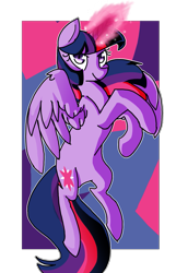 Size: 741x1078 | Tagged: safe, artist:snowolive, part of a set, twilight sparkle, twilight sparkle (alicorn), alicorn, pony, abstract background, cutie mark, female, flying, glowing horn, horn, looking at you, mare, narrowed eyes, rearing, smiling, solo, spread wings, wings