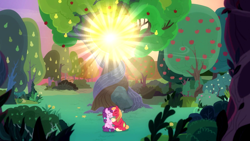 Size: 1920x1080 | Tagged: safe, screencap, big macintosh, sugar belle, earth pony, pony, unicorn, the big mac question, apple tree, female, intertwined trees, male, mare, pear tree, shipping, stallion, straight, sugarmac, tree