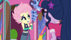 Size: 1366x768 | Tagged: safe, screencap, fluttershy, sci-twi, twilight sparkle, equestria girls, equestria girls series, the road less scheduled, the road less scheduled: fluttershy, spoiler:choose your own ending (season 2), spoiler:eqg series (season 2), choker, clothes, crystal skull staff, duo, ear piercing, earring, eyeshadow, flutterpunk, geode of telekinesis, goth, jewelry, lipstick, magical geodes, makeup, metalshy, midriff, piercing, purple lipstick, skull, sleeveless, tanktop