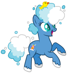 Size: 882x948 | Tagged: safe, artist:kalsagnia, oc, oc only, oc:bubble bath, pony, base used, female, mare, open mouth, prancing, rubber duck, solo, water mane